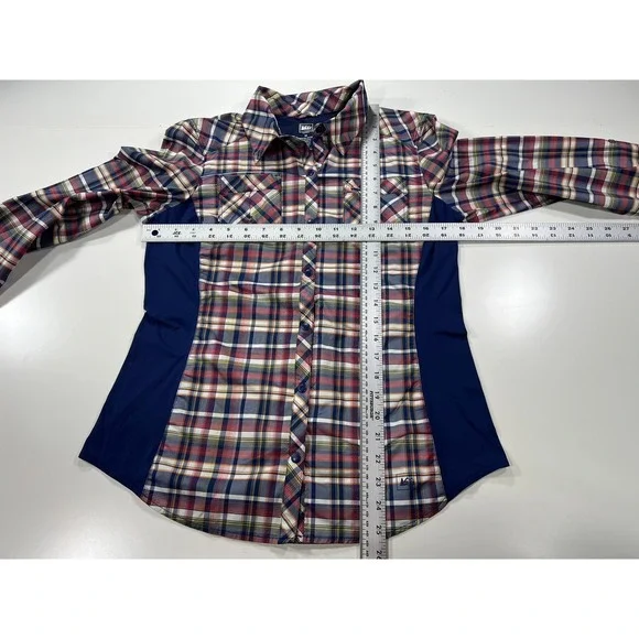 REI Co-op Women's Medium Blue Plaid Button Up Vented Hiking Shirt Roll Tab L/S - Picture 7 of 11